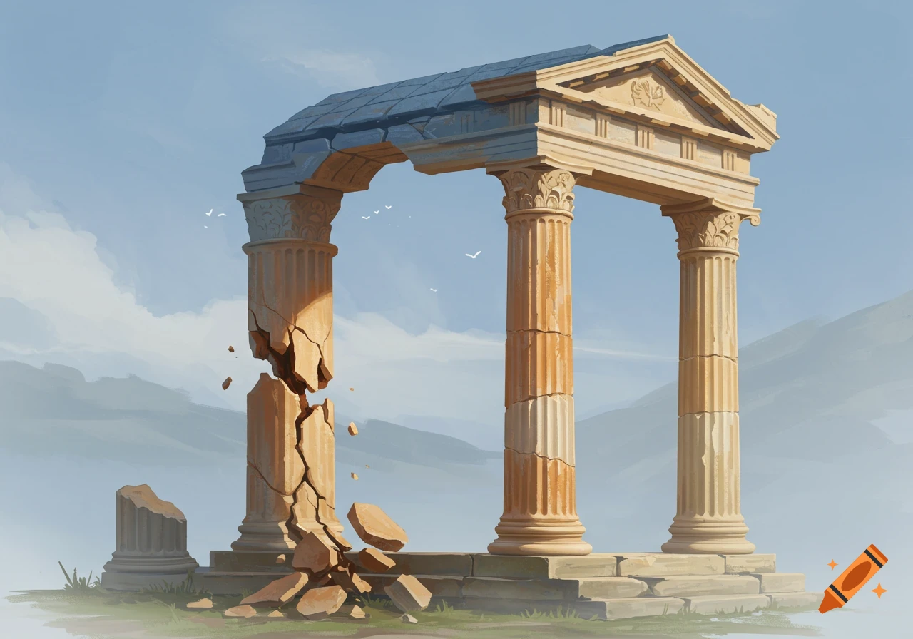 Ancient Greek temple ruins with a broken column against a mountain landscape in a painterly style.