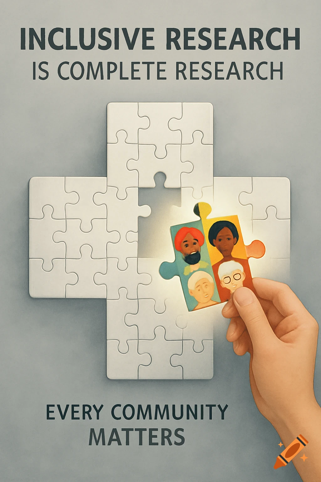 Hand placing a puzzle piece with diverse faces into a larger puzzle shaped like a cross. Text reads "Inclusive Research Is Complete Research" and "Every Community Matters".