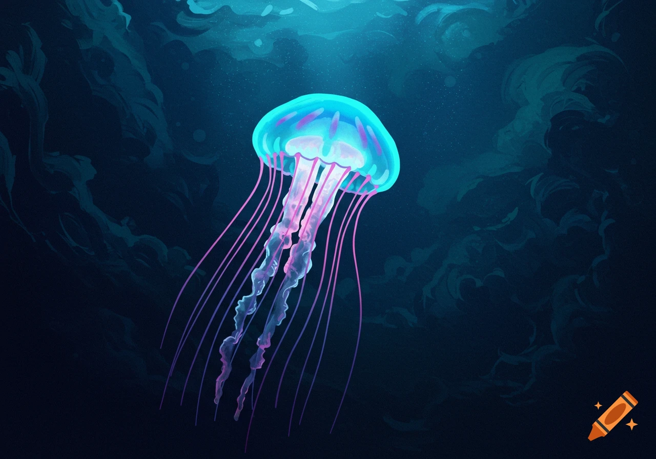 A glowing jellyfish floats in dark blue water. Digital illustration.