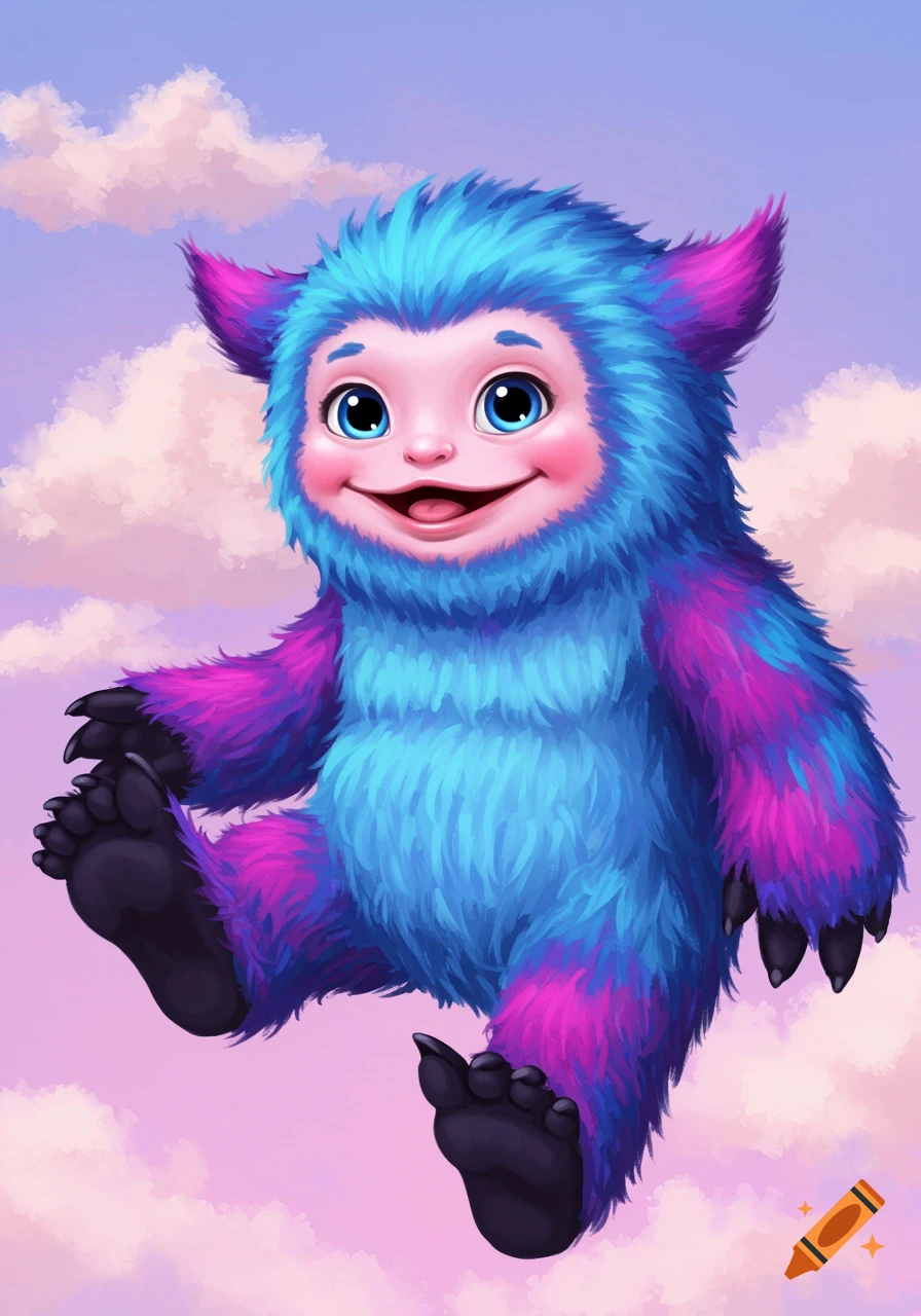 A fluffy blue and purple monster with a baby-like face floats in a pink and purple sky with clouds.