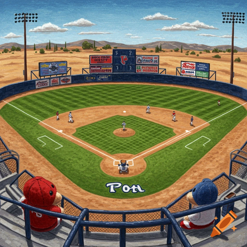 Plush toys watch a baseball game from the stands on a sunny day.