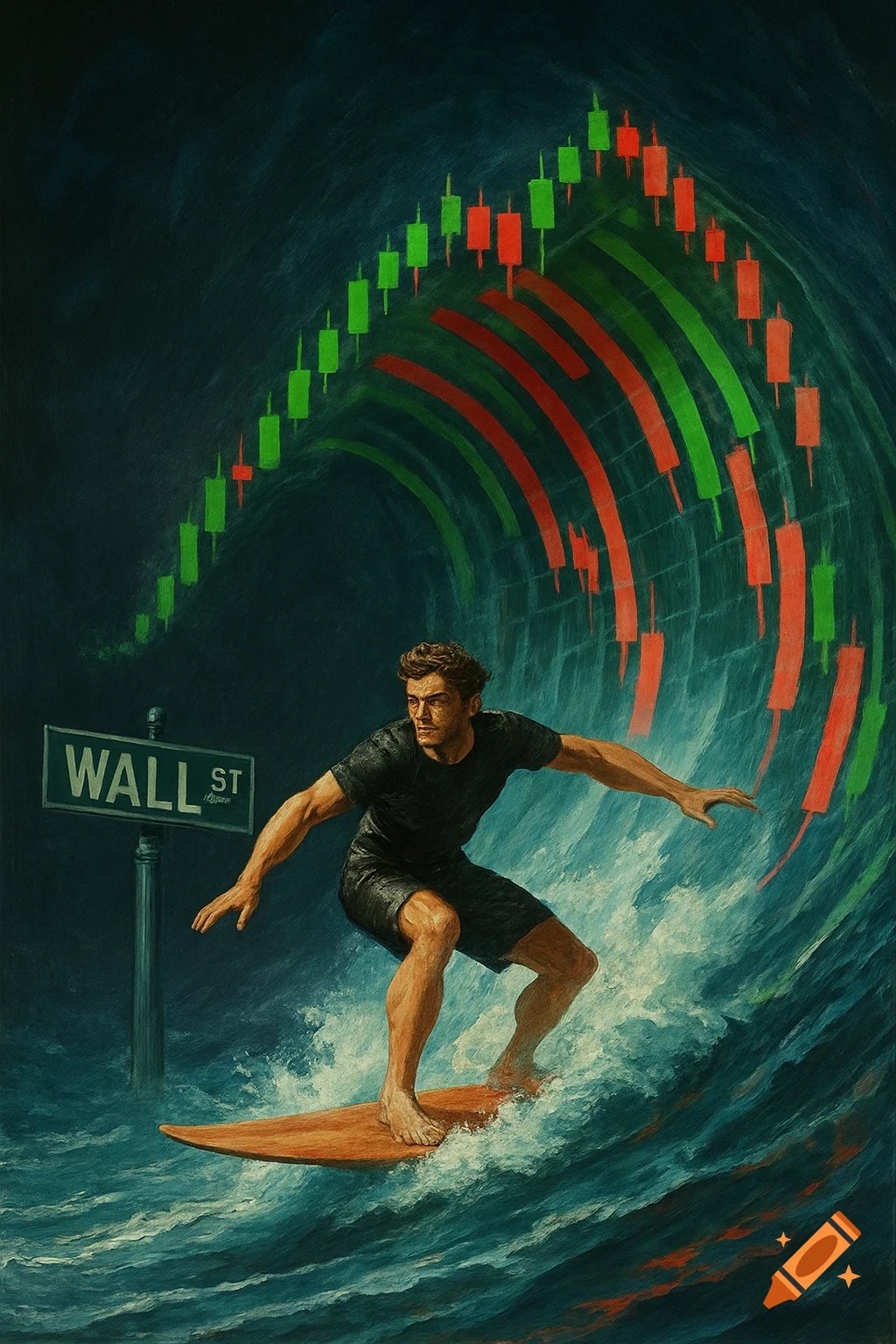 A man surfs a wave shaped like a stock chart near a Wall Street sign, painterly style.