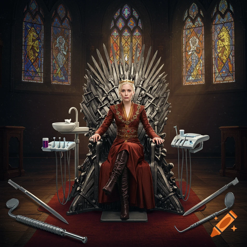 Woman on a sword throne surrounded by dental equipment in a cathedral setting.