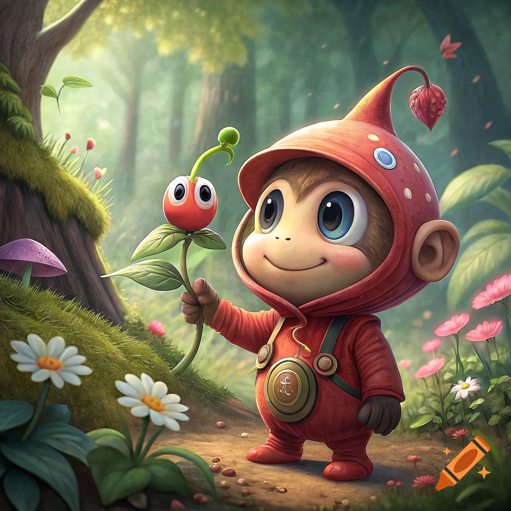 Cute monkey character in red suit holds a flower in a forest.