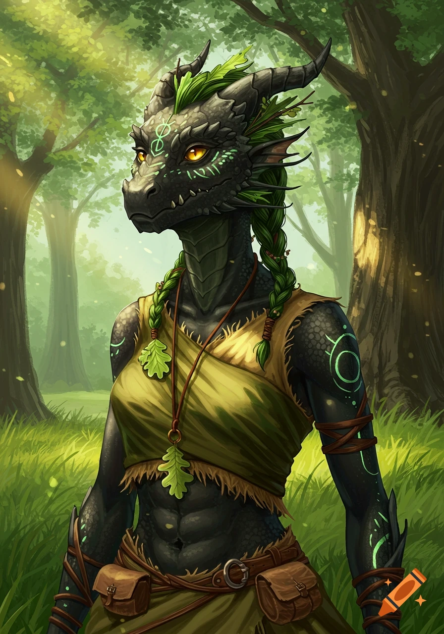 A female Dragonborn druid with green braids and an oak leaf necklace stands in a sunlit forest.