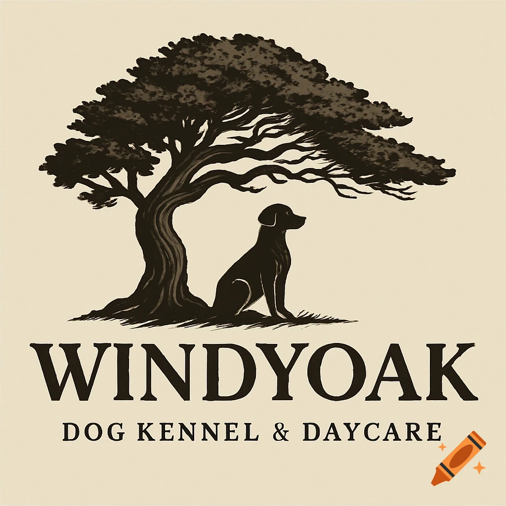 Stylized logo of a black dog sitting under a tree with the text 'Windyoak Dog Kennel & Daycare'.