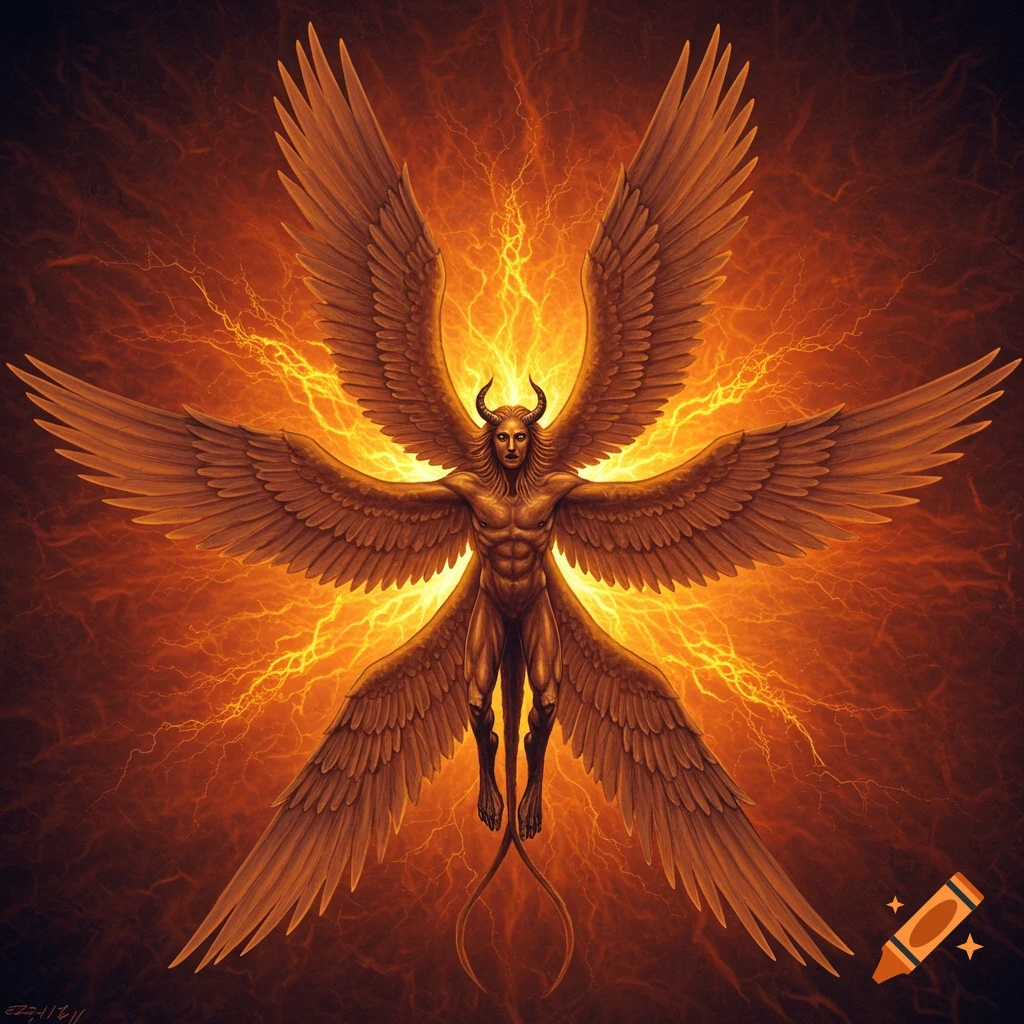 Winged creature with horns and multiple wings against a fiery background with lightning. Fantasy illustration.