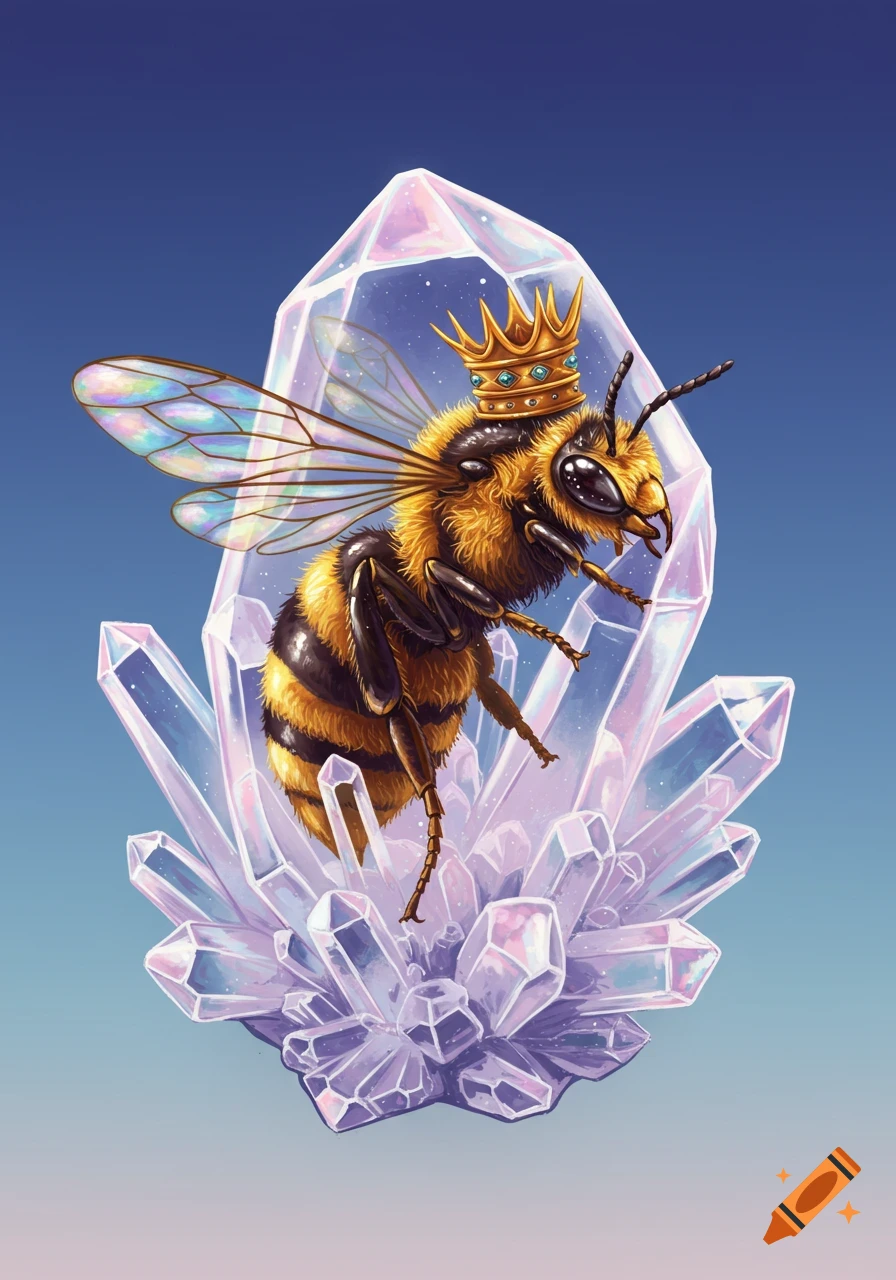 A stylized queen bee wearing a crown sits atop a cluster of crystals. Digital illustration.