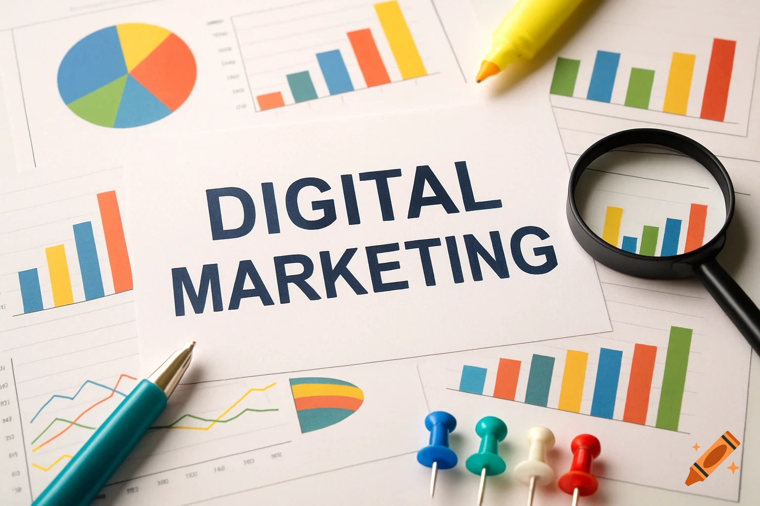 A note says DIGITAL MARKETING among charts, a pen, marker, pins, and magnifying glass.