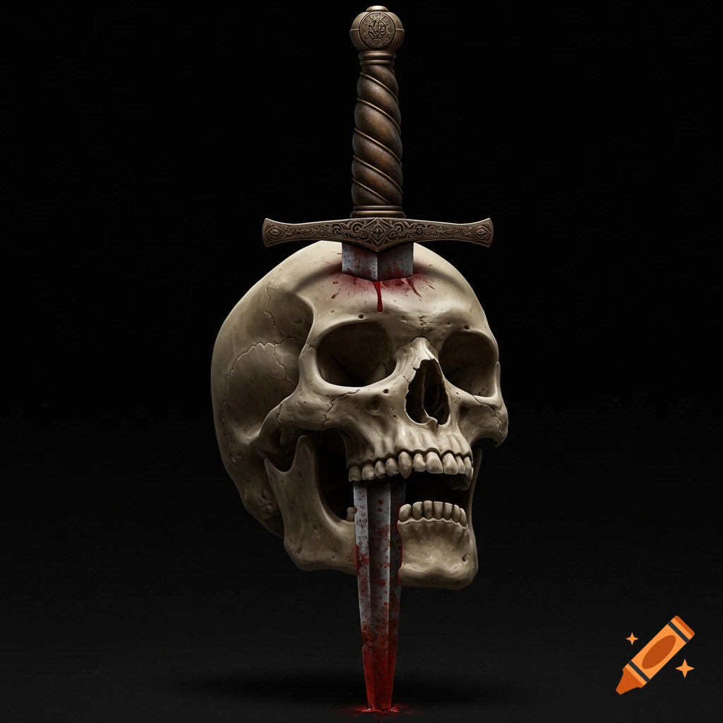 A human skull with a bloody sword stabbed through the forehead on a black background.