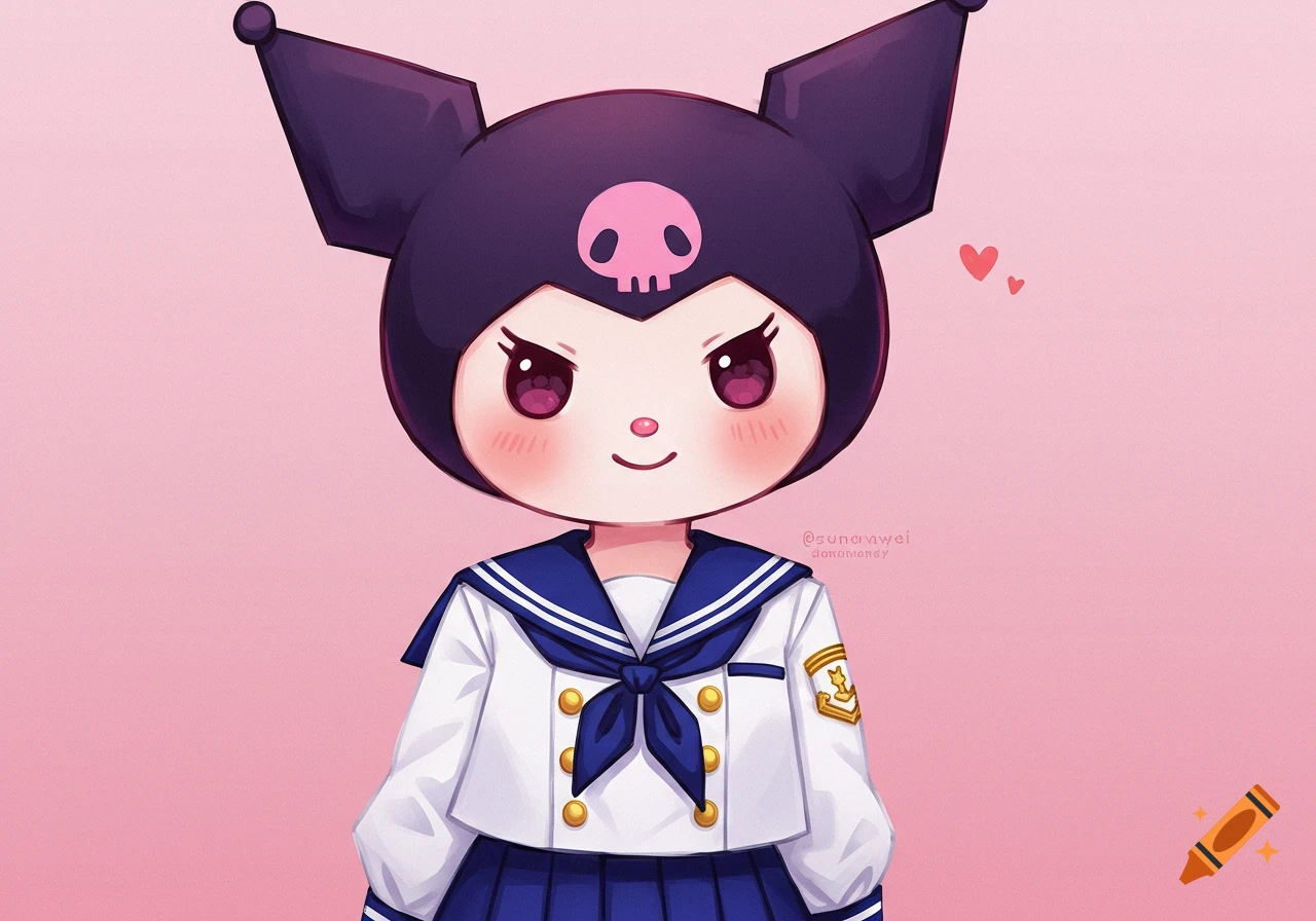 Kuromi in a white sailor suit against a pink background.