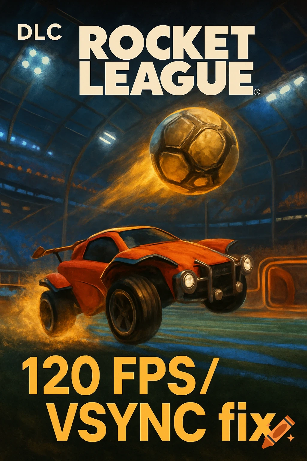 Illustration of a car hitting a soccer ball in a stadium, with text 'Rocket League DLC 120 FPS/VSYNC fix'