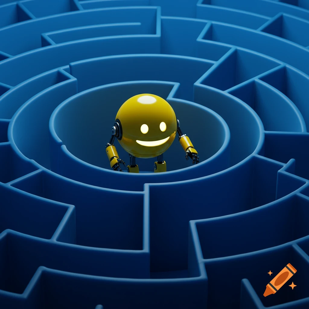 A yellow spherical robot with a glowing smiley face stands in the center of a blue circular maze.