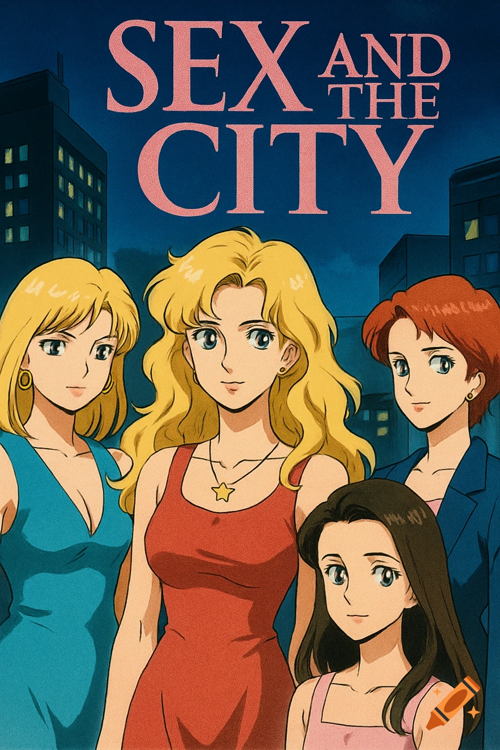 Four women in early 90s anime style with the title 'SEX AND THE CITY' and city background.