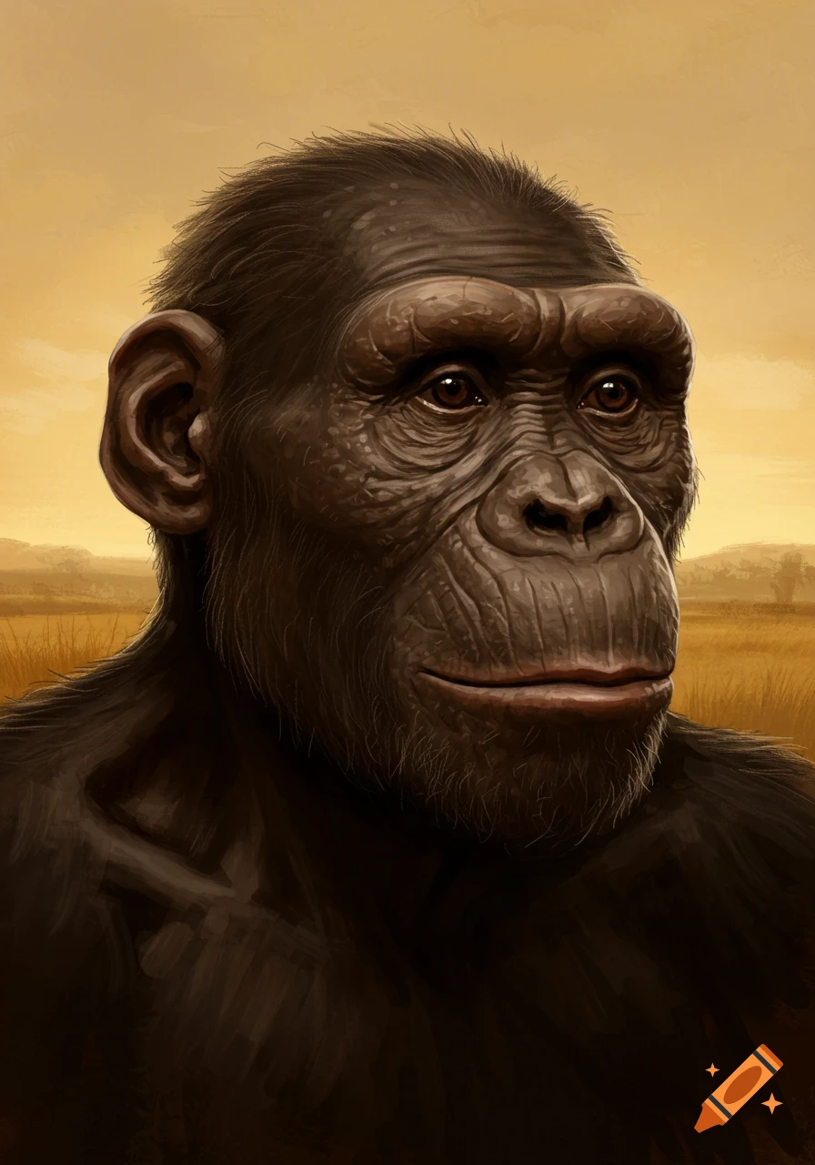 Portrait painting of an australopithecus against a savanna landscape background.