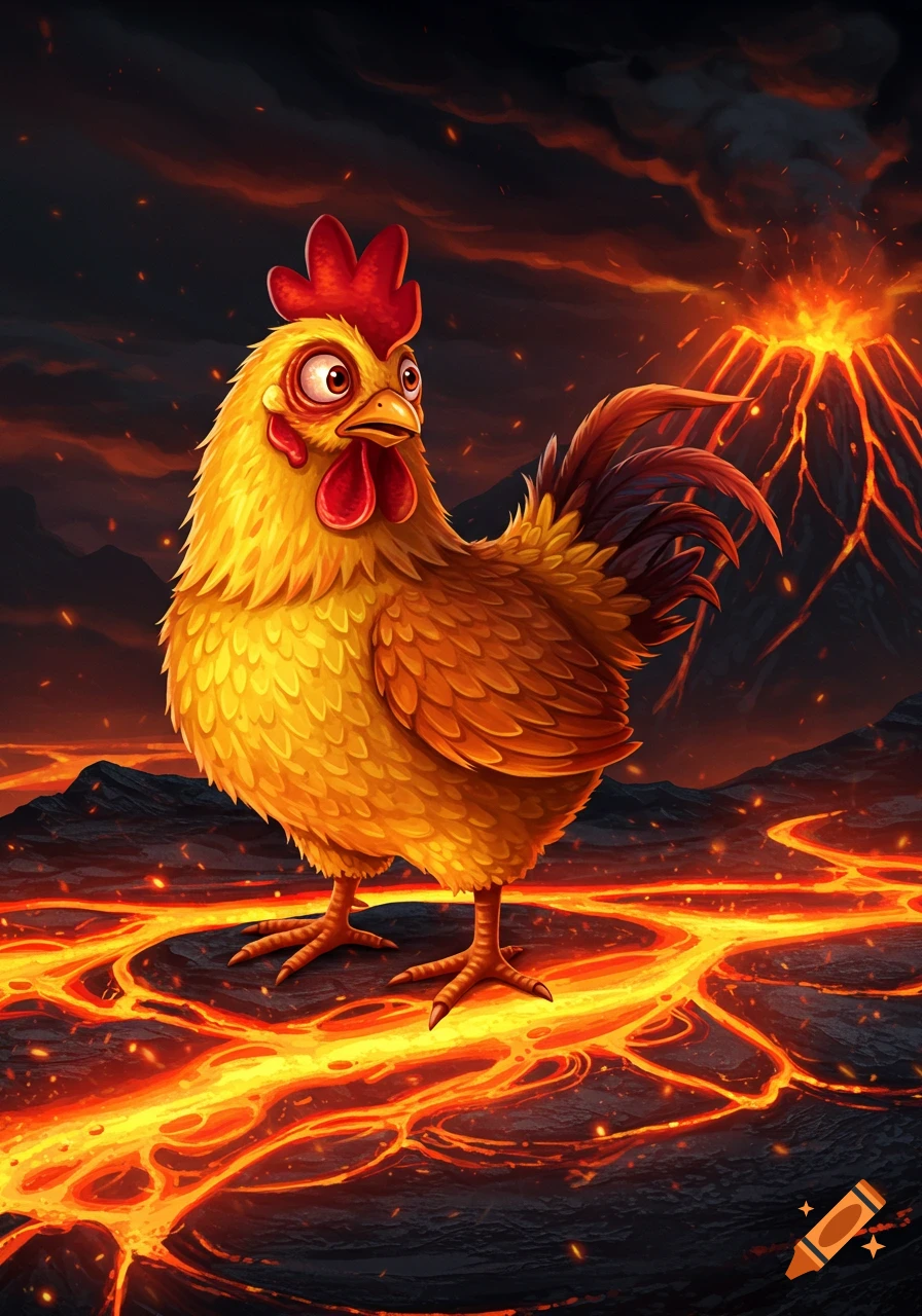 Cartoon chicken standing in lava with a volcano erupting in the background.
