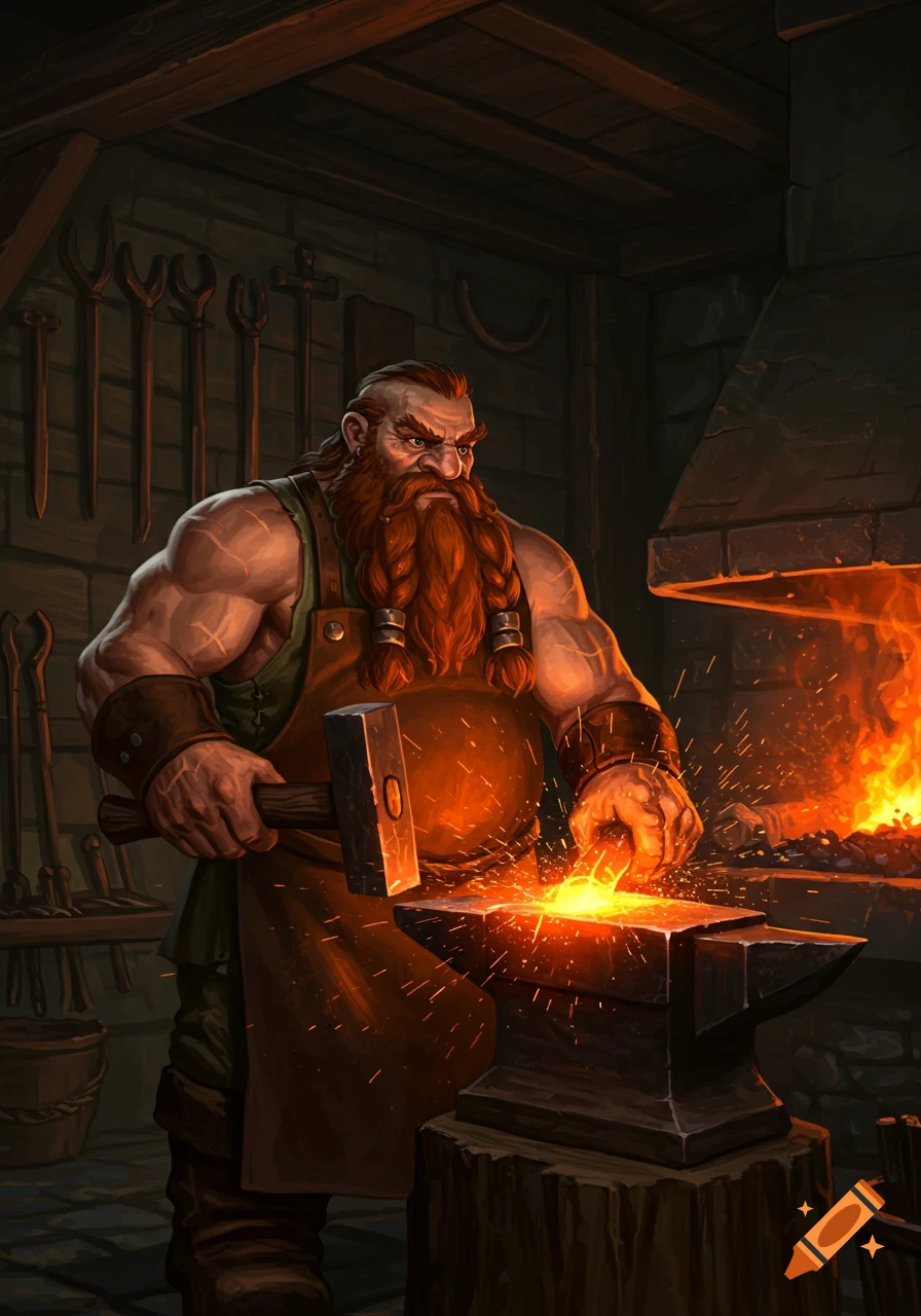 Digital illustration of a muscular dwarf blacksmith hammering a glowing metal piece on an anvil in a forge.