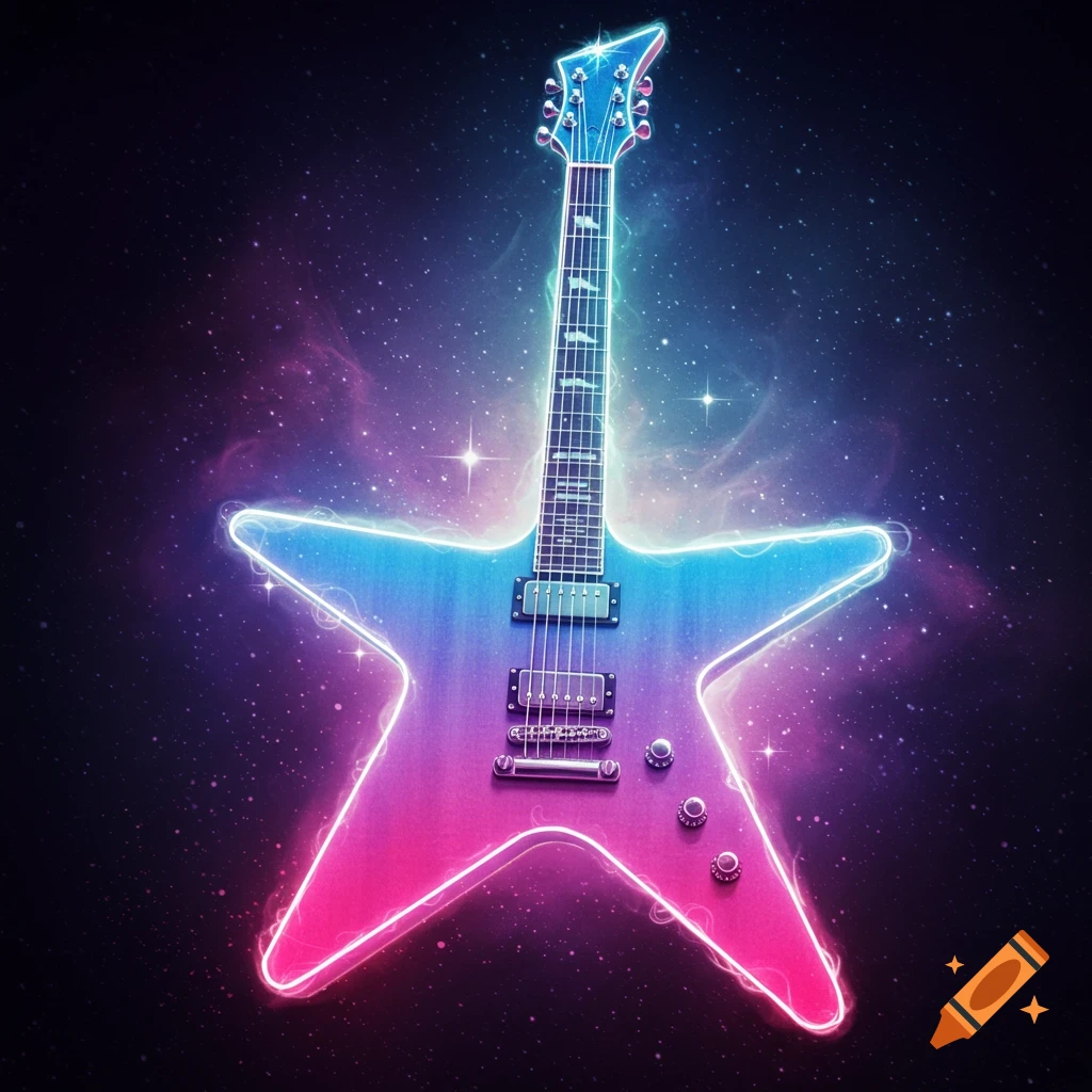 A star-shaped electric guitar with a vibrant neon glow outline, set against a dark starry space background.