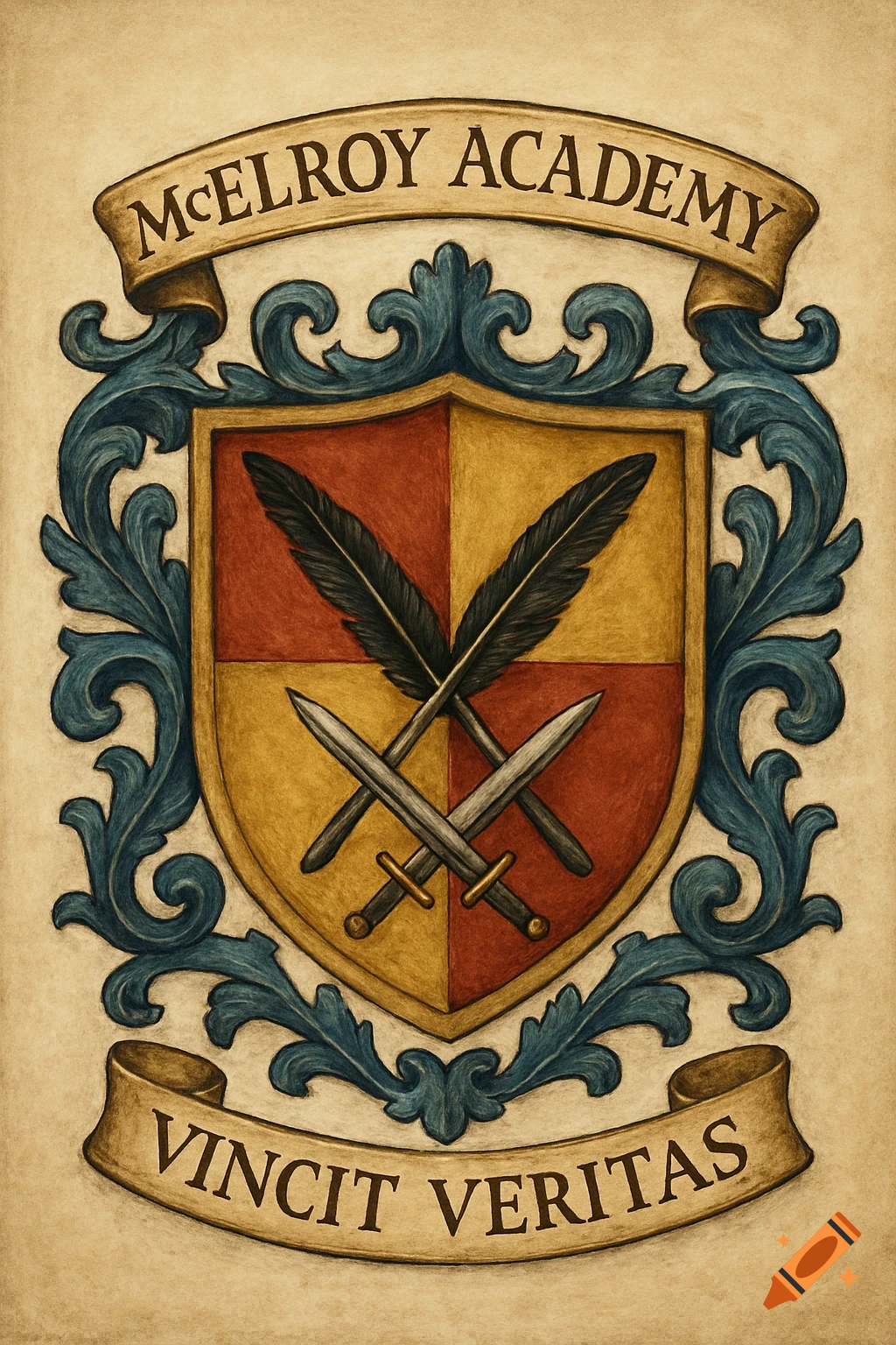 A medieval-style coat of arms or crest featuring a shield quarterly with red and gold, crossed feathers and swords, surrounded by blue flourishes, with banners reading "MCELROY ACADEMY" and "VINCIT VERITAS".