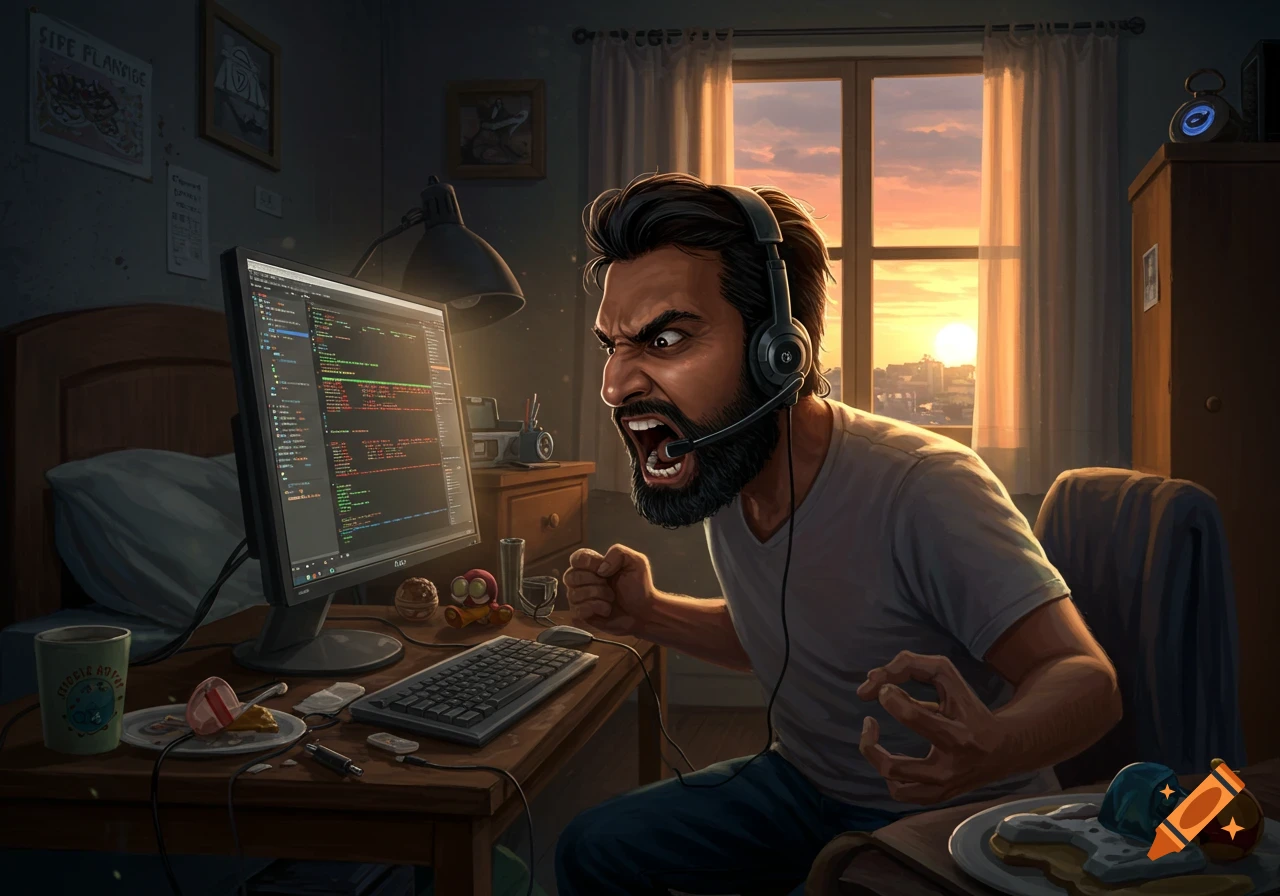 Angry programmer with headphones yells at a computer screen in a bedroom during sunset.