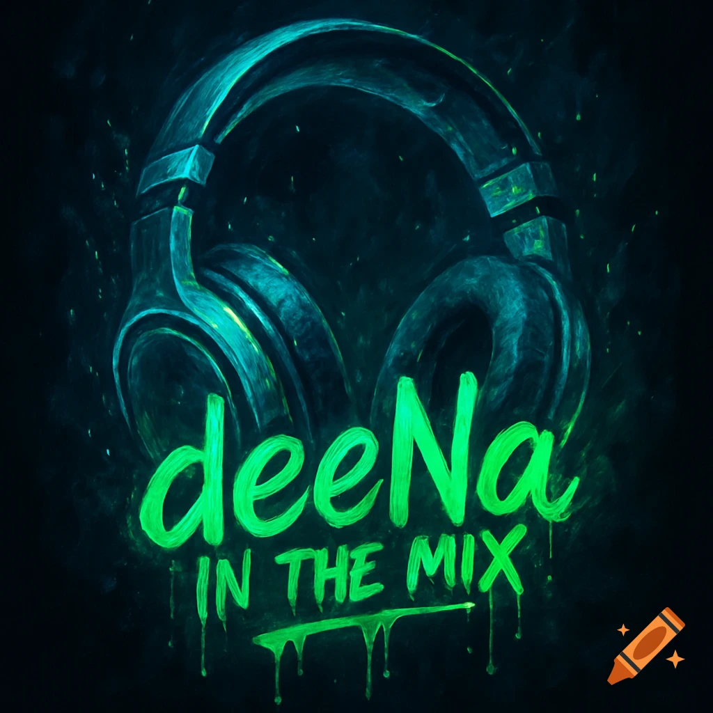 Glowing neon DJ headphones with 'deeNa IN THE MIX' text and paint drip effect against a dark background.