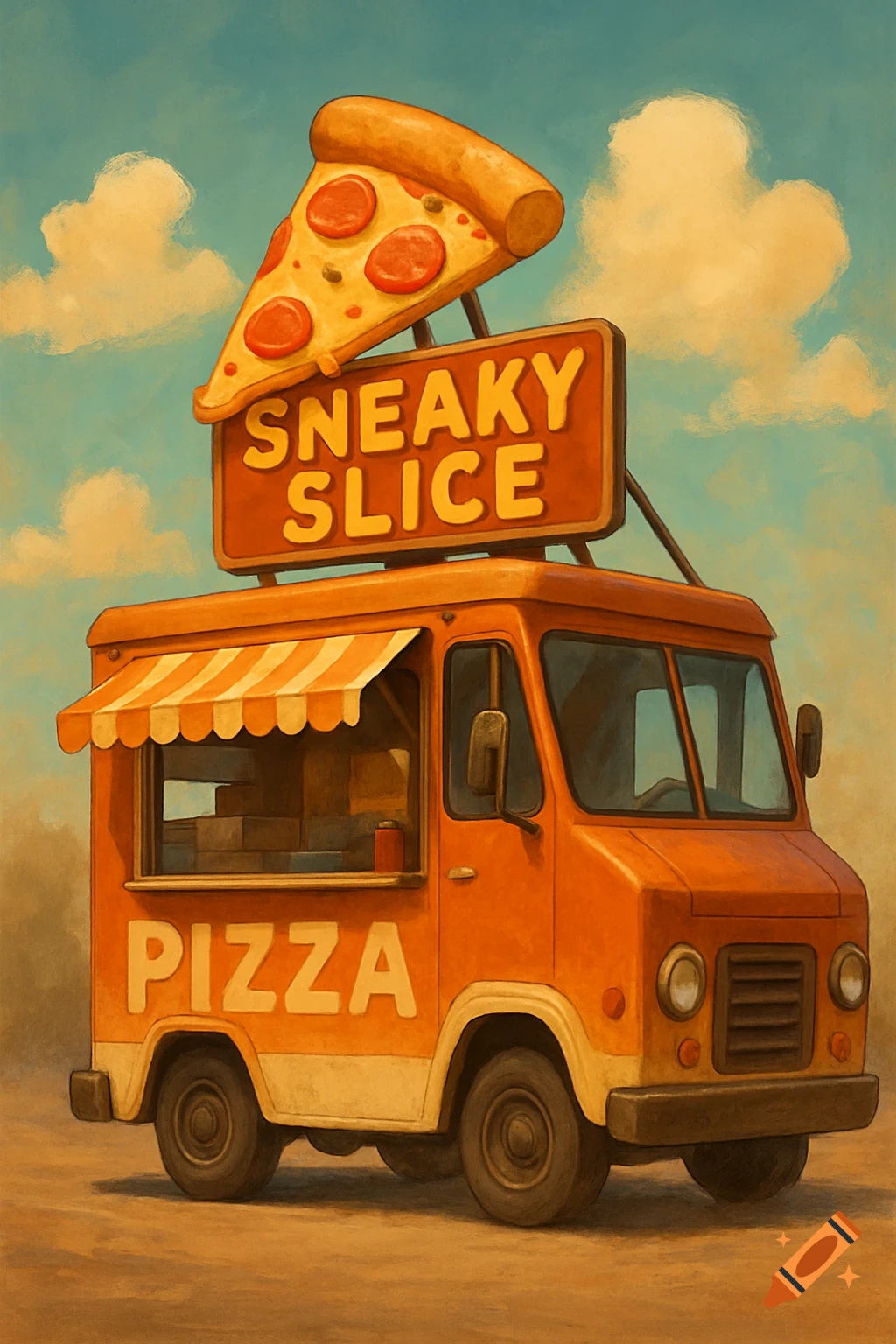 An illustration of an orange pizza food truck with a large pizza slice sign that reads Sneaky Slice.