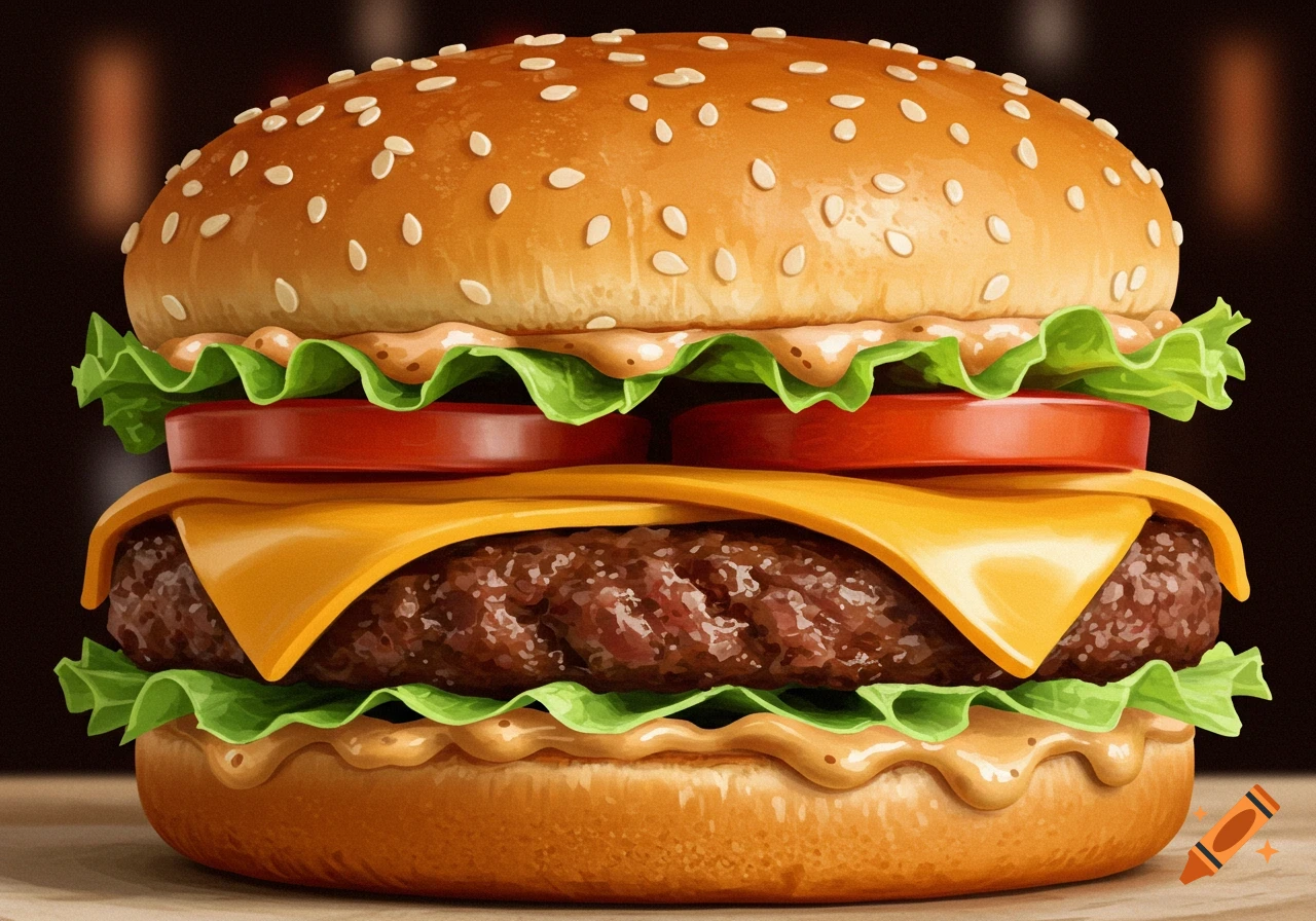 Close-up of a detailed burger with lettuce, tomato, cheese, and sesame seed bun