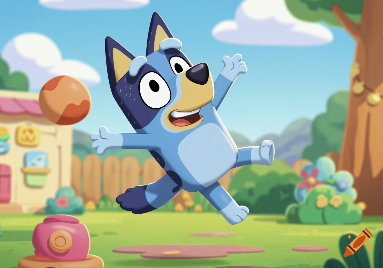 A cartoon blue dog jumps in a backyard.