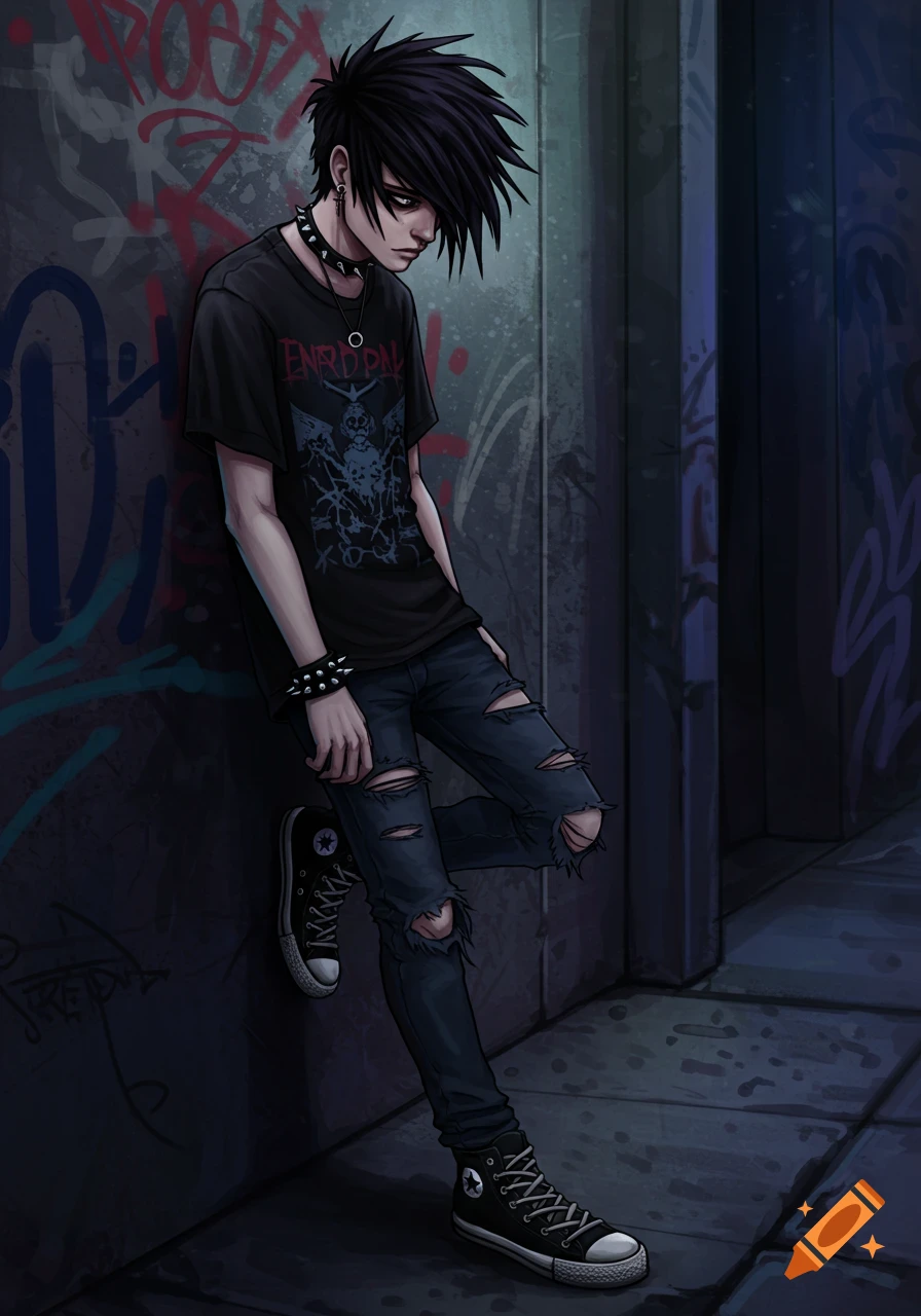 An anime-style illustration of an emo guy with black spiky hair, leaning against a graffiti-covered wall in an alley.