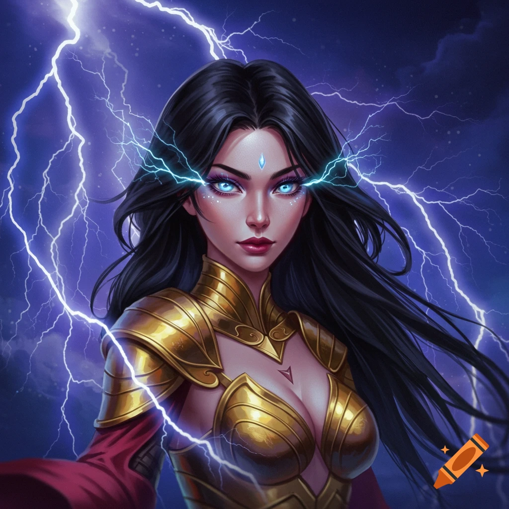 Fantasy portrait of a woman in golden armor with lightning around her eyes and hands.