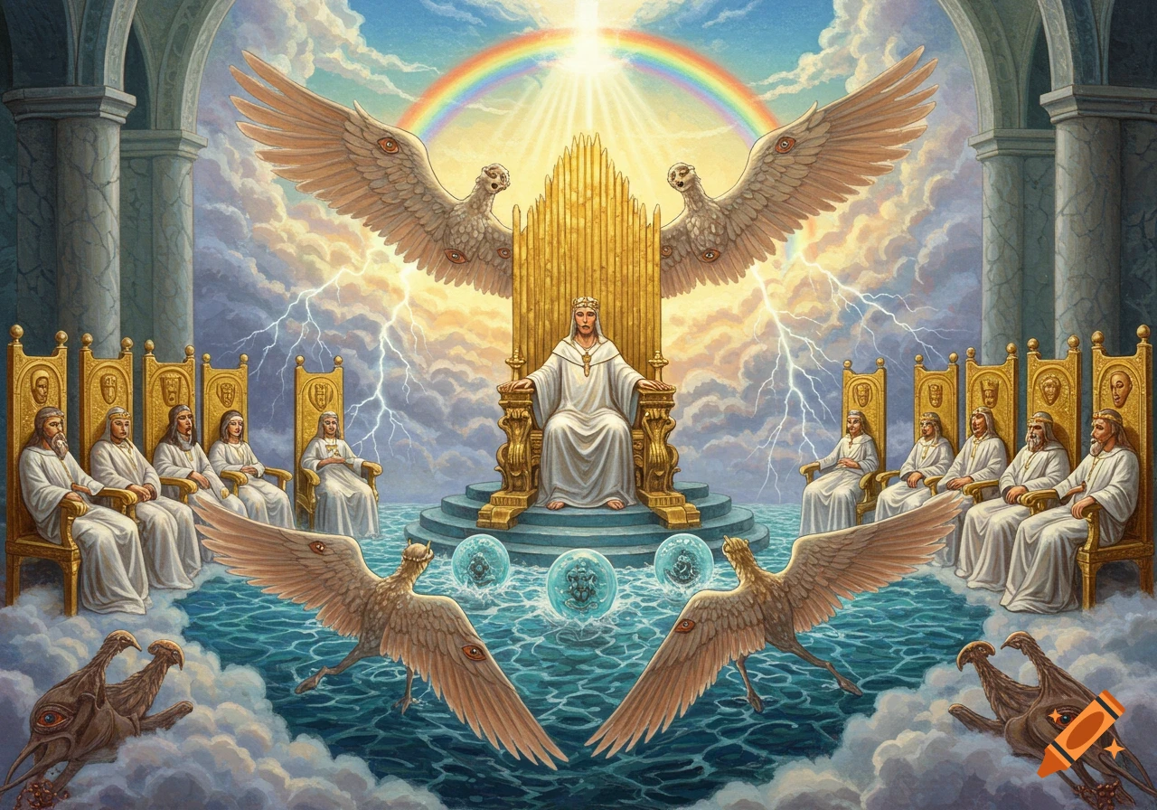 A figure on a golden throne in heaven surrounded by seated figures, winged creatures covered in eyes, a rainbow, and lightning over a sea.