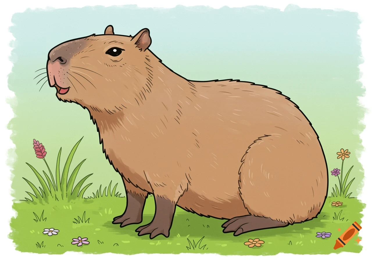 An illustration of a capybara sitting in a field with flowers, styled like a coloring page.