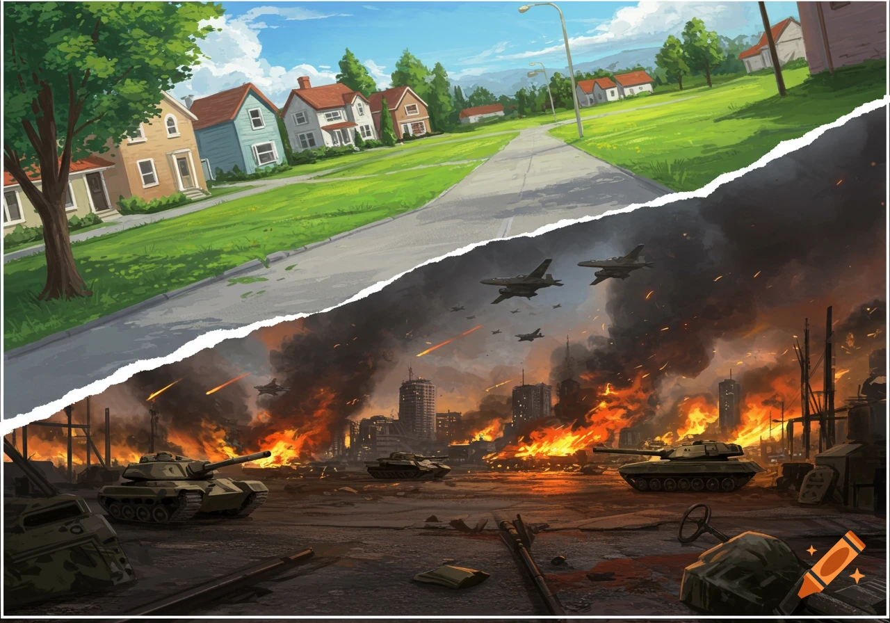 Split illustration showing a peaceful suburban street above a warzone with tanks, jets, and burning buildings below.