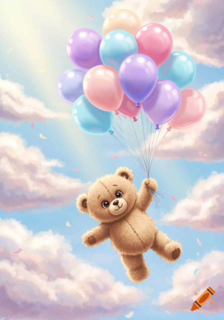 A cute teddy bear floats in the sky holding pastel balloons.