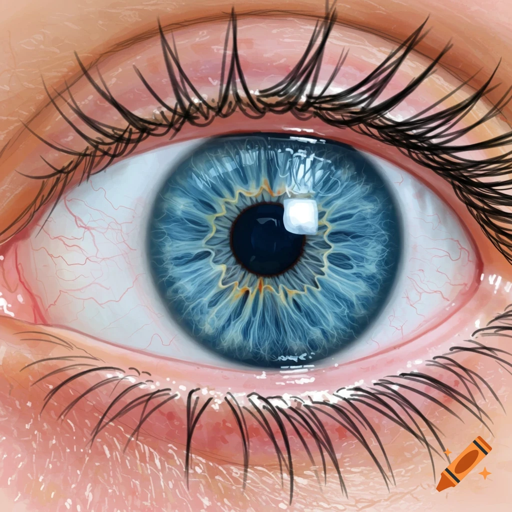 Close up illustration of a blue eye with detailed iris patterns.