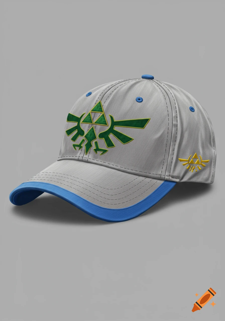 A grey baseball cap with a blue brim features the green and gold Hylian Crest on the front and a gold symbol on the side.