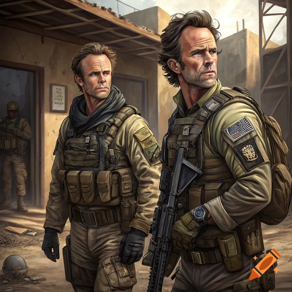 Two men in military gear look out over a dusty scene, illustration.