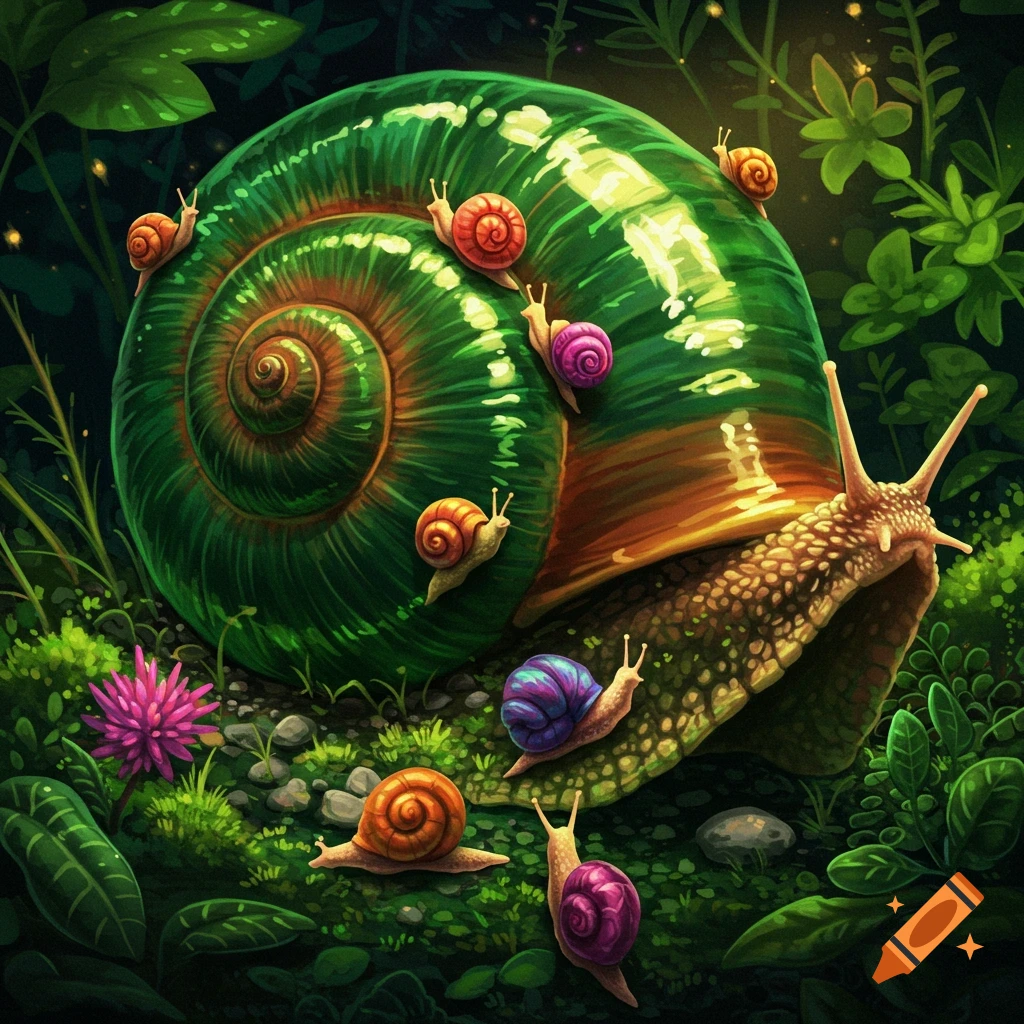 Giant green snail with smaller snails on shell in a vibrant, lush ...