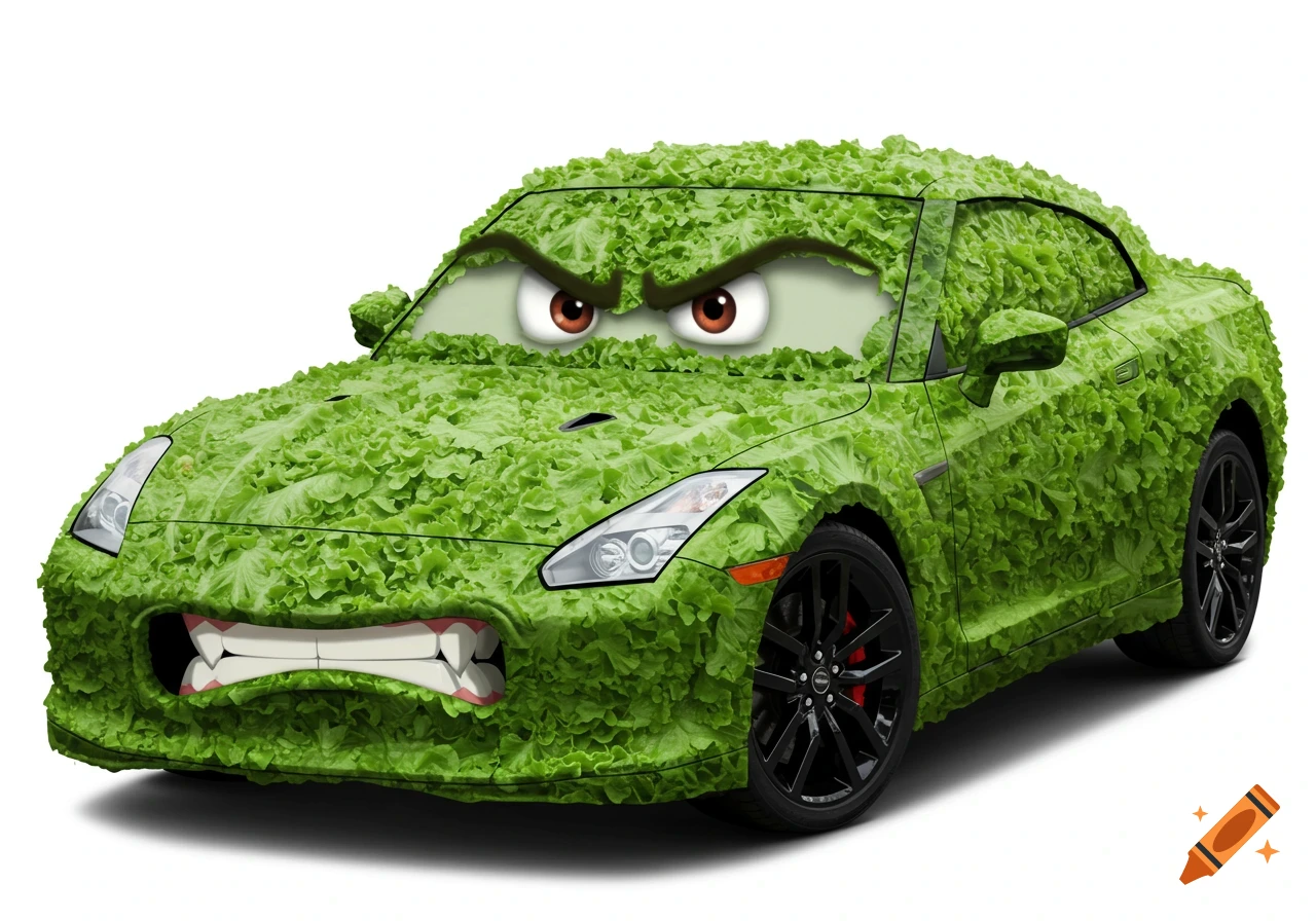 Realistic car covered in lettuce with an angry cartoon face