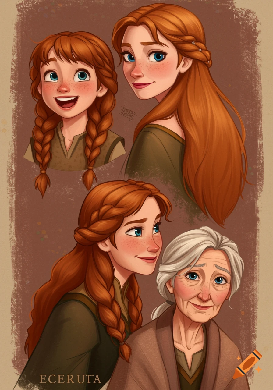 Illustration of a character from Frozen depicted as a child, adult, and elder.