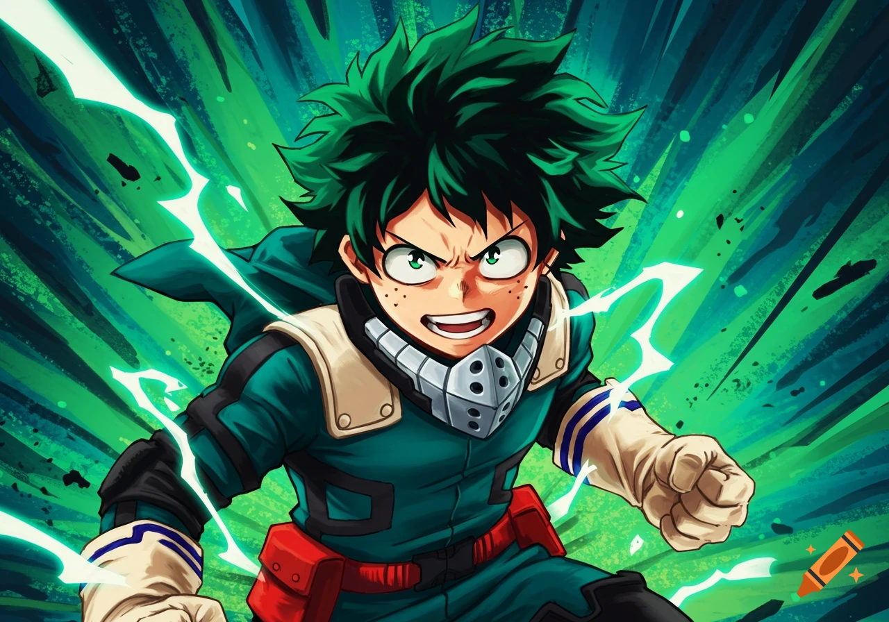 Anime illustration of Izuku Midoriya (Deku) in hero costume with green energy.