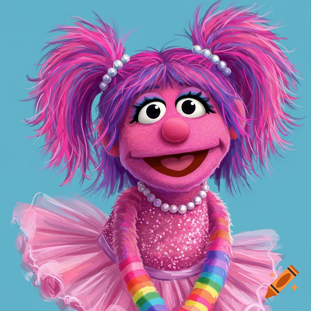 Portrait of a pink muppet with pigtails, a sparkly dress, pearl necklace, and rainbow armbands.