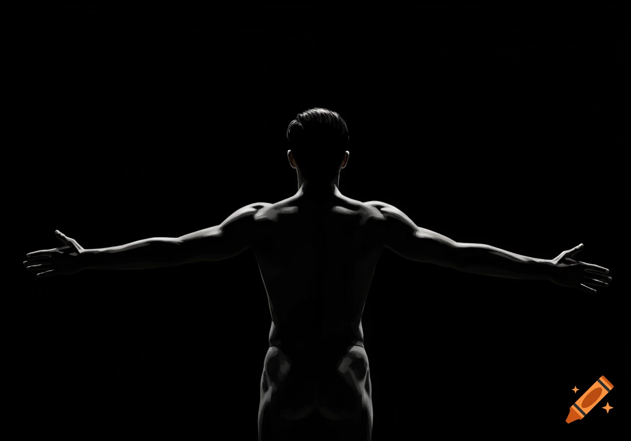 Silhouette of man from behind with arms outstretched against a black background.