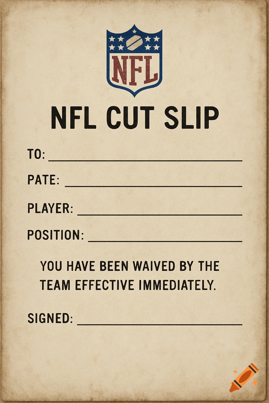 An NFL cut slip document on aged paper.