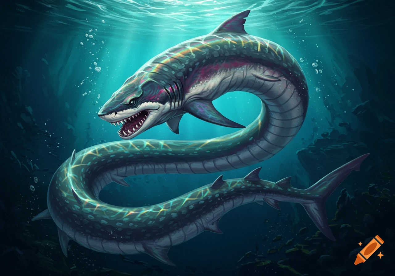 A long, serpentine shark with a tapering, segmented body swims underwater, digital art.