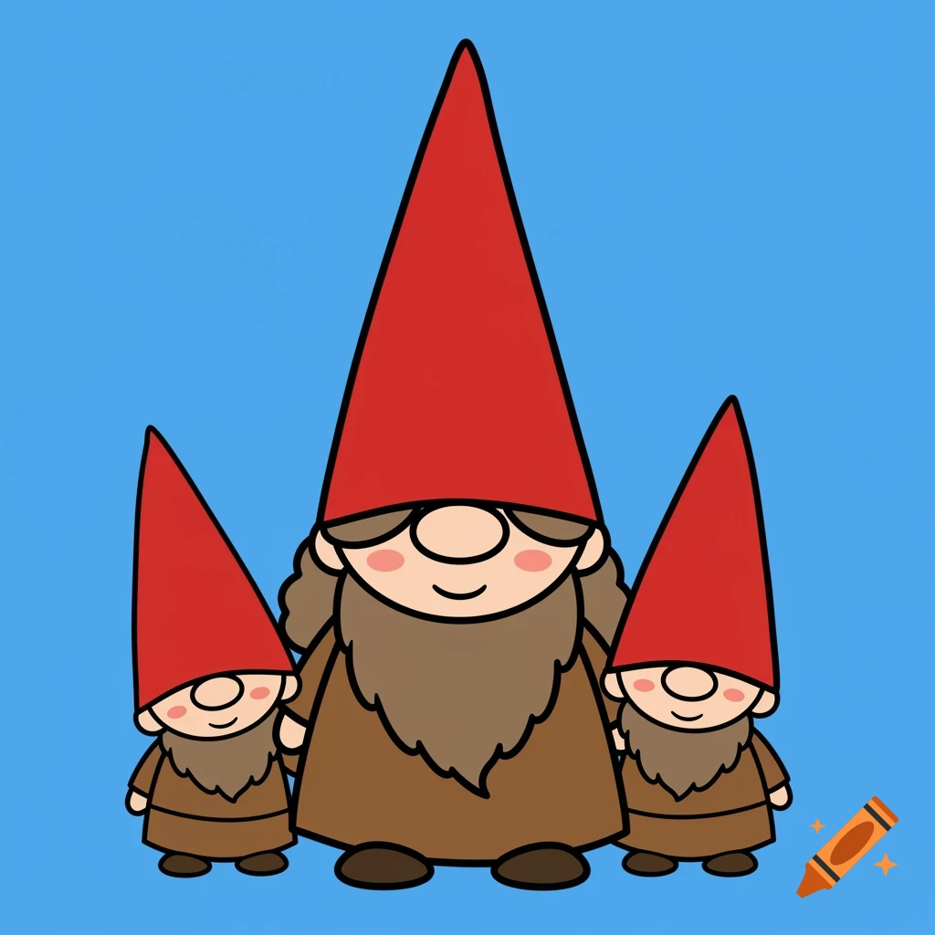 Clipart illustration of three gnomes with red hats and beards against a blue background