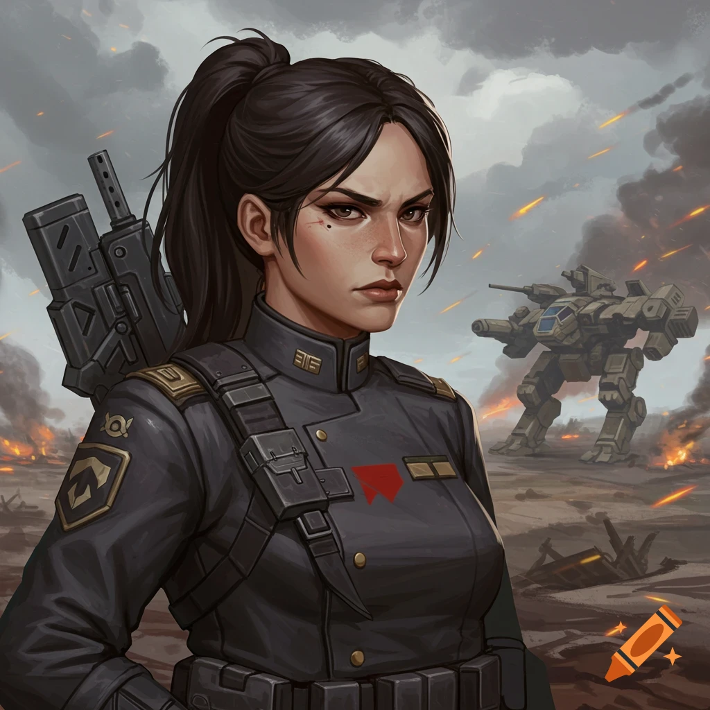 Illustration of a woman in military uniform with a rifle on her back, standing on a battlefield with a mech behind her.