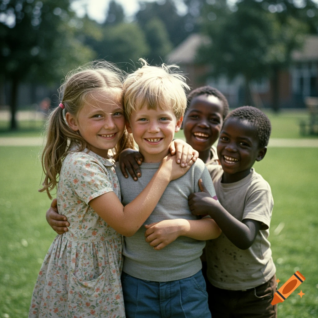 Four diverse children smiling and hugging outdoors, vintage photo style.