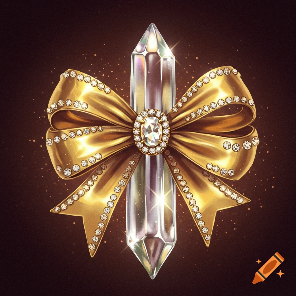 A sparkling crystal prism is wrapped with a golden bow encrusted with diamonds on a dark background.
