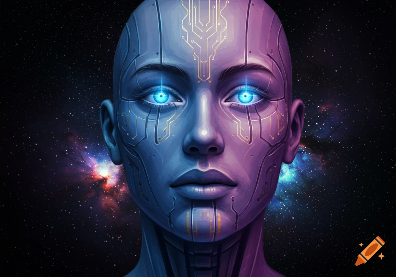 Close-up portrait of a cyborg face with glowing blue eyes and circuitry patterns against a galaxy background.